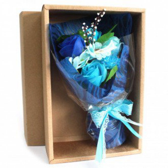Bouquet de fleurs en savon bleu & boîte