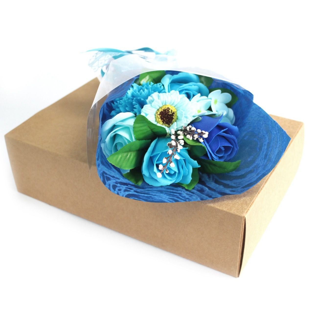 Bouquet de fleurs en savon bleu & boîte