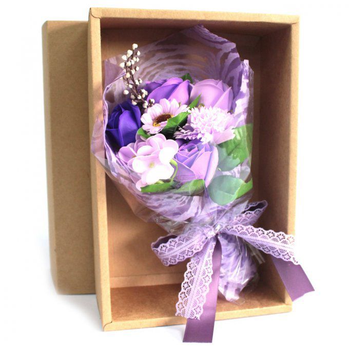 Bouquet de fleurs en savon violet & boîte