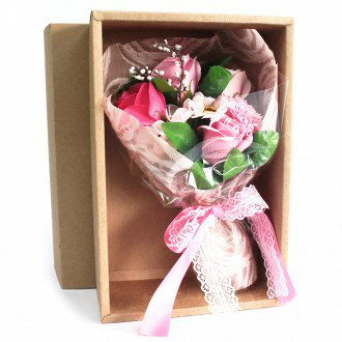 Bouquet de fleurs en savon rose & boîte