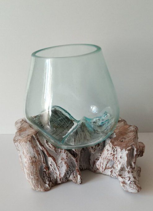 VASE VERRE SOUFFLE SUR BOIS BLANCHI