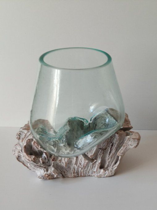 VASE VERRE SOUFFLE SUR BOIS BLANCHI