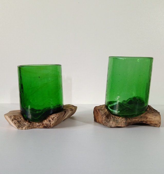 Duo Verres soufflés sur bois flotté