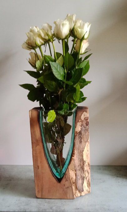 Vase Verre Soufflé sur bois flotté