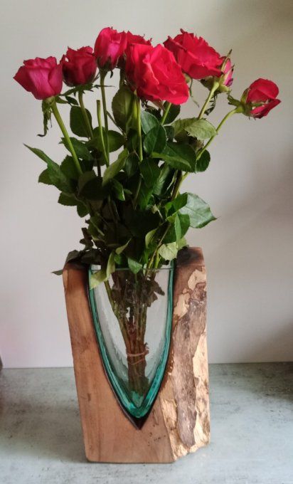 Vase Verre Soufflé sur bois flotté